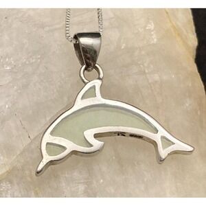 Vintage Dolphin Green Glass TR Sterling Silver 925 Pendant 18''‎ Necklace 3g